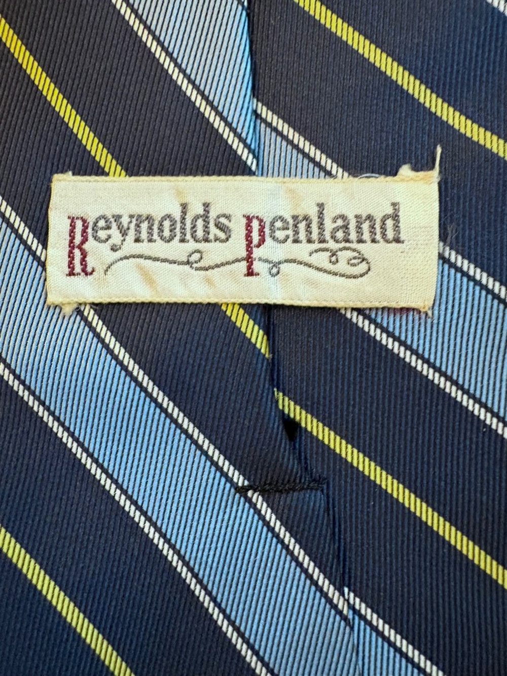 Reynolds-Penland Mens Silk Striped Tie Navy Blue Light Blue Yellow USA Made Vint